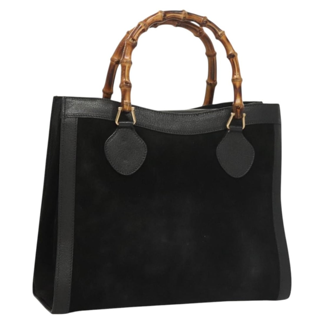 Gucci Black Suede Bamboo Handle Handbag Model 002 0260 Gold Accents: Gucci Black Suede Bamboo Handle Handbag Model 002 0260 Gold Accents This GUCCI Bamboo Hand Bag features a black and gold suede exterior with bamboo handles, offering a distinctive and iconic design. M