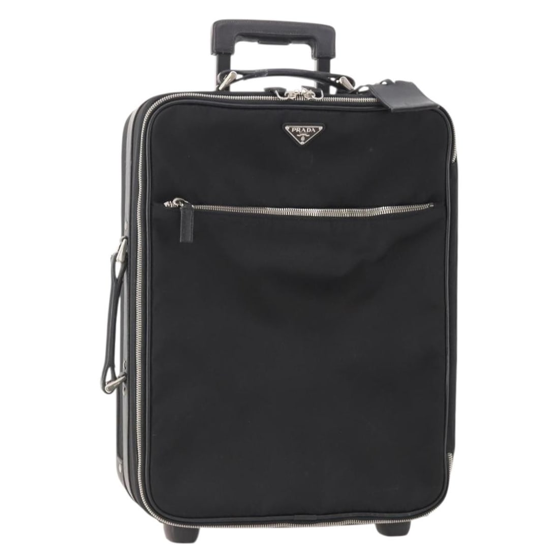 PRADA Nylon Trunk Carry Case Black Silver Name Tag Italy: PRADA Nylon Trunk Carry Case Black Silver Name Tag Italy Prada carry case trunk in black and silver nylon, made in Italy. It includes a name tag accessory and is described as a heavily used item with 
