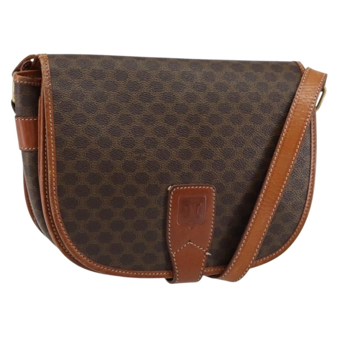 CELINE Macadam Shoulder Bag Brown PVC Leather Gold Tone: CELINE Macadam Shoulder Bag Brown PVC Leather Gold Tone A CELINE Macadam canvas shoulder bag in brown and gold, made in Italy. It is crafted from PVC leather and Macadam canvas and is designed for wom