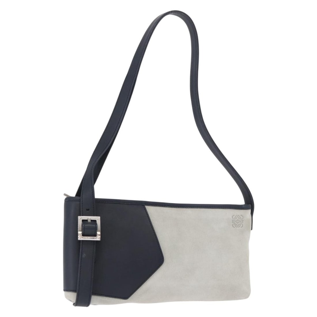 LOEWE Anagram gray suede shoulder bag silver tone Spain: LOEWE Anagram gray suede shoulder bag silver tone Spain LOEWE shoulder bag in suede with a gray and silver colorway, made in Spain. The bag measures approximately 26 cm W x 14 cm H x 3 cm D, with a sh