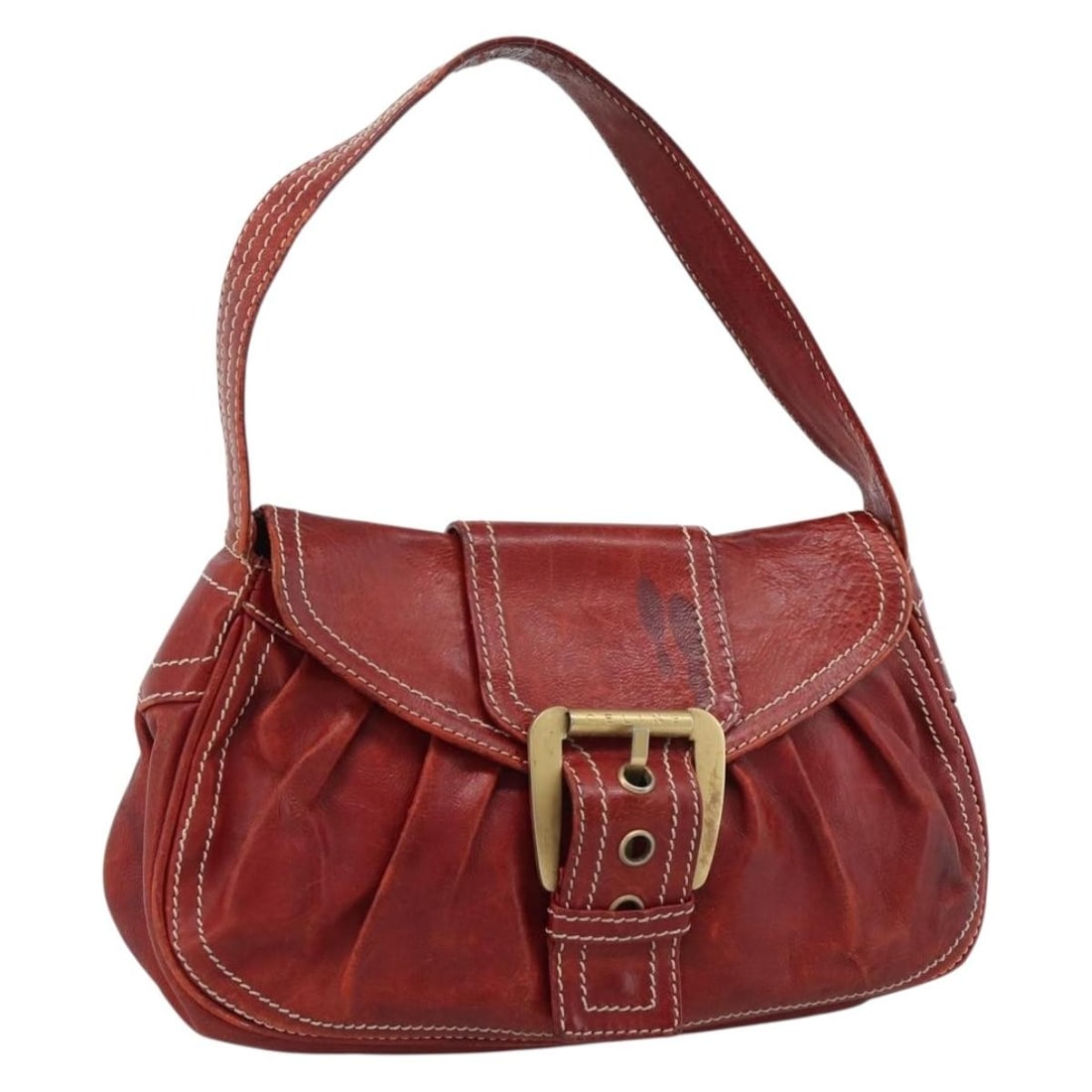 Celine Red Leather Shoulder Bag with Gold Tone Hardware: Celine Red Leather Shoulder Bag with Gold Tone Hardware A CELINE shoulder bag crafted in red leather with gold-tone hardware. It measures approximately 30 cm wide, 19 cm high, and 8 cm deep, with an a