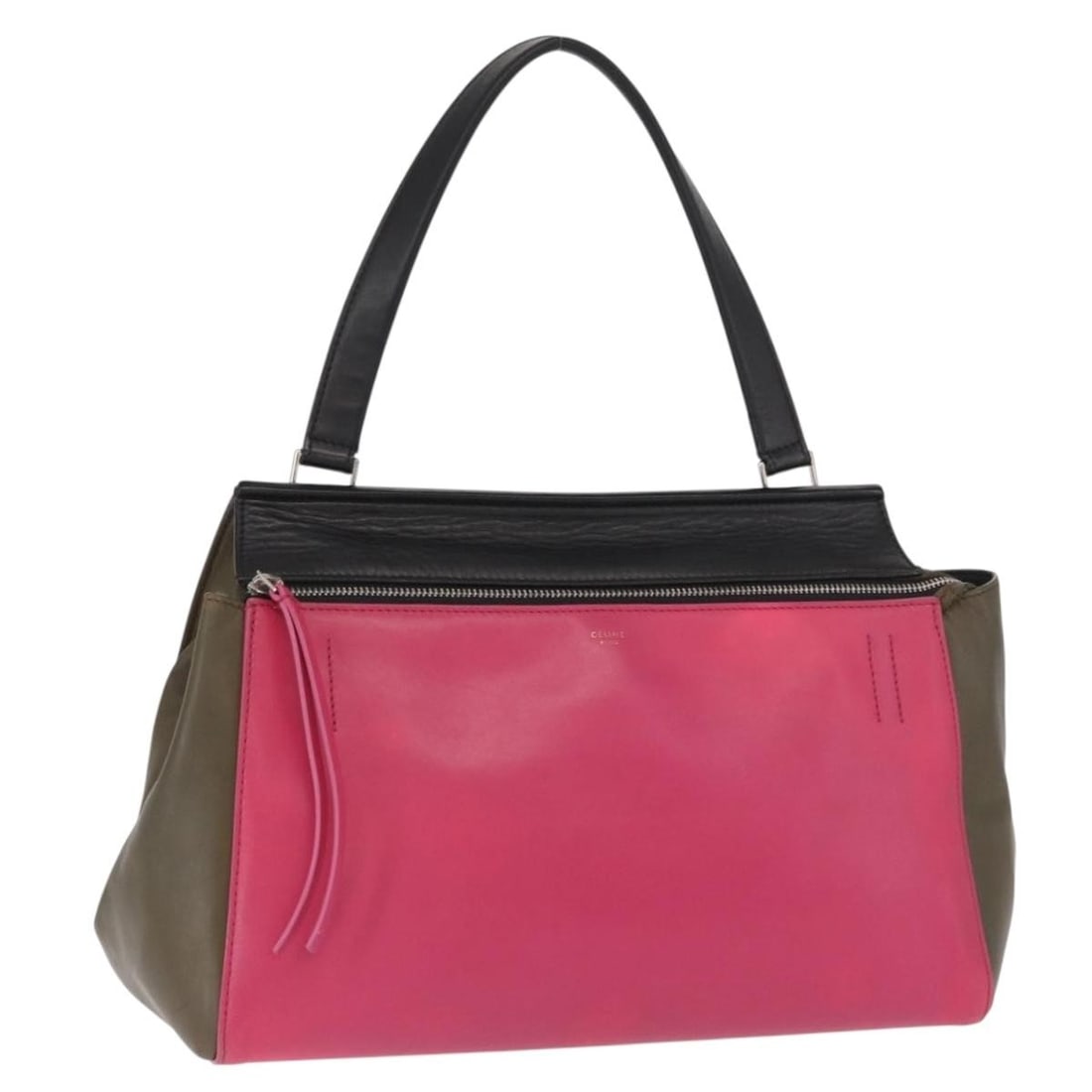 CELINE Edge Small Leather Handbag Pink Black Khaki Italy: CELINE Edge Small Leather Handbag Pink Black Khaki Italy CELINE Edge Small Hand Bag in leather with a pink, black, and khaki exterior. This women's handbag was made in Italy and measures approximately