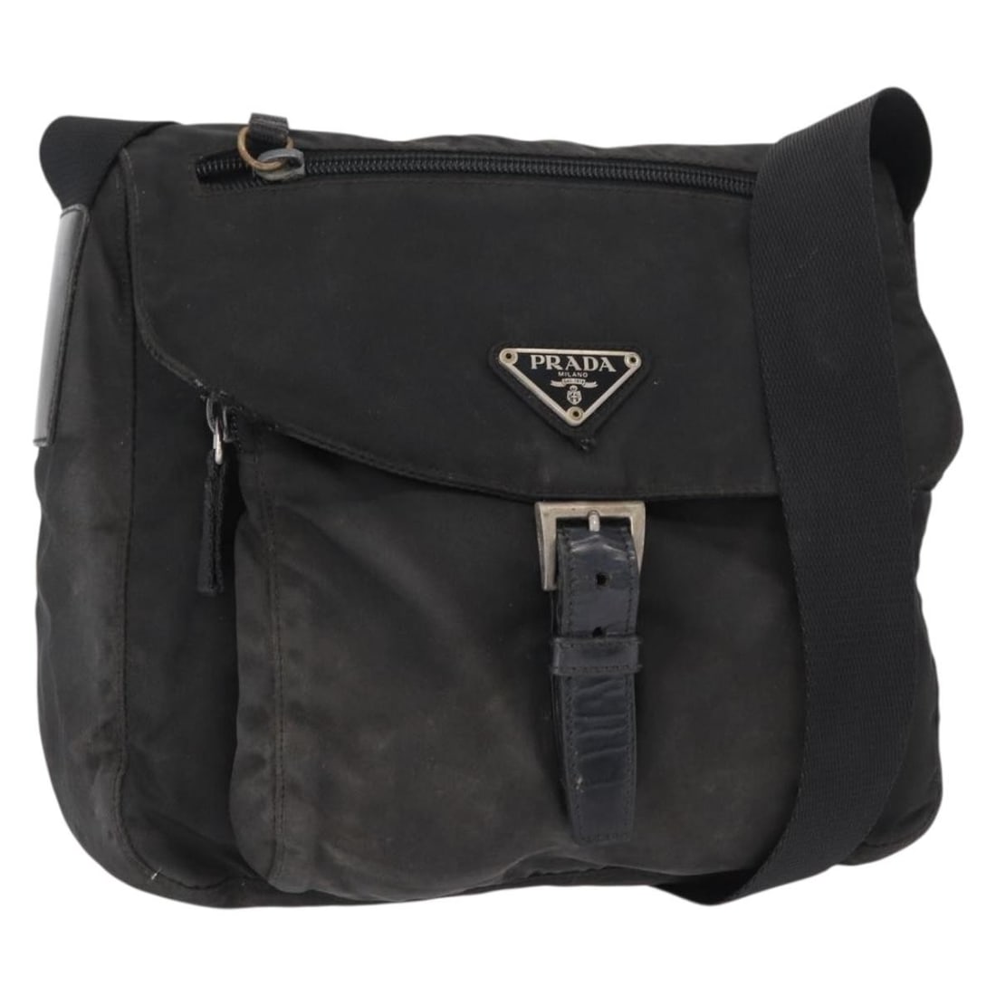 Prada black nylon women s shoulder bag Italy silver accents: Prada black nylon women s shoulder bag Italy silver accents This PRADA shoulder bag is crafted from black nylon with silver-tone accents, offering a sleek and versatile design. Made in Italy, the bag 
