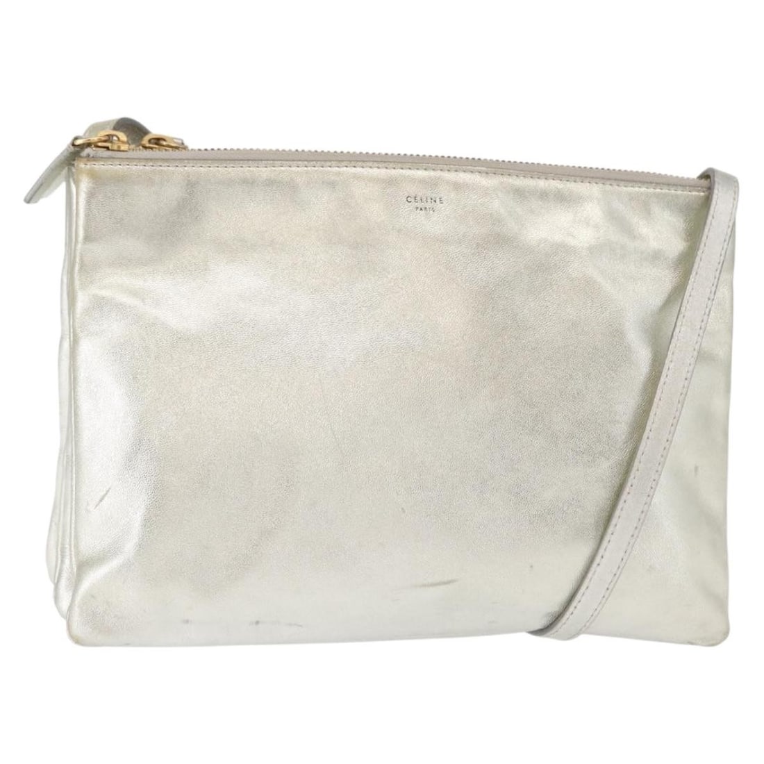 CELINE Trio Leather Shoulder Bag Silver Gold Italy: CELINE Trio Leather Shoulder Bag Silver Gold Italy This CELINE Trio large shoulder bag features a combination of silver and gold leather for a striking look. Made in Italy, it is designed for women an