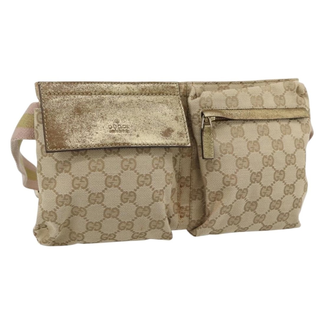 Gucci 28566 GG Canvas Belt Bag Beige Gold: Gucci 28566 GG Canvas Belt Bag Beige Gold Beige and gold waist bag in GG Canvas with a compact profile and made in Italy. The bag measures approximately W30 cm x H16 cm x D2 cm (W11.8 x H6.3 x D0.8 in