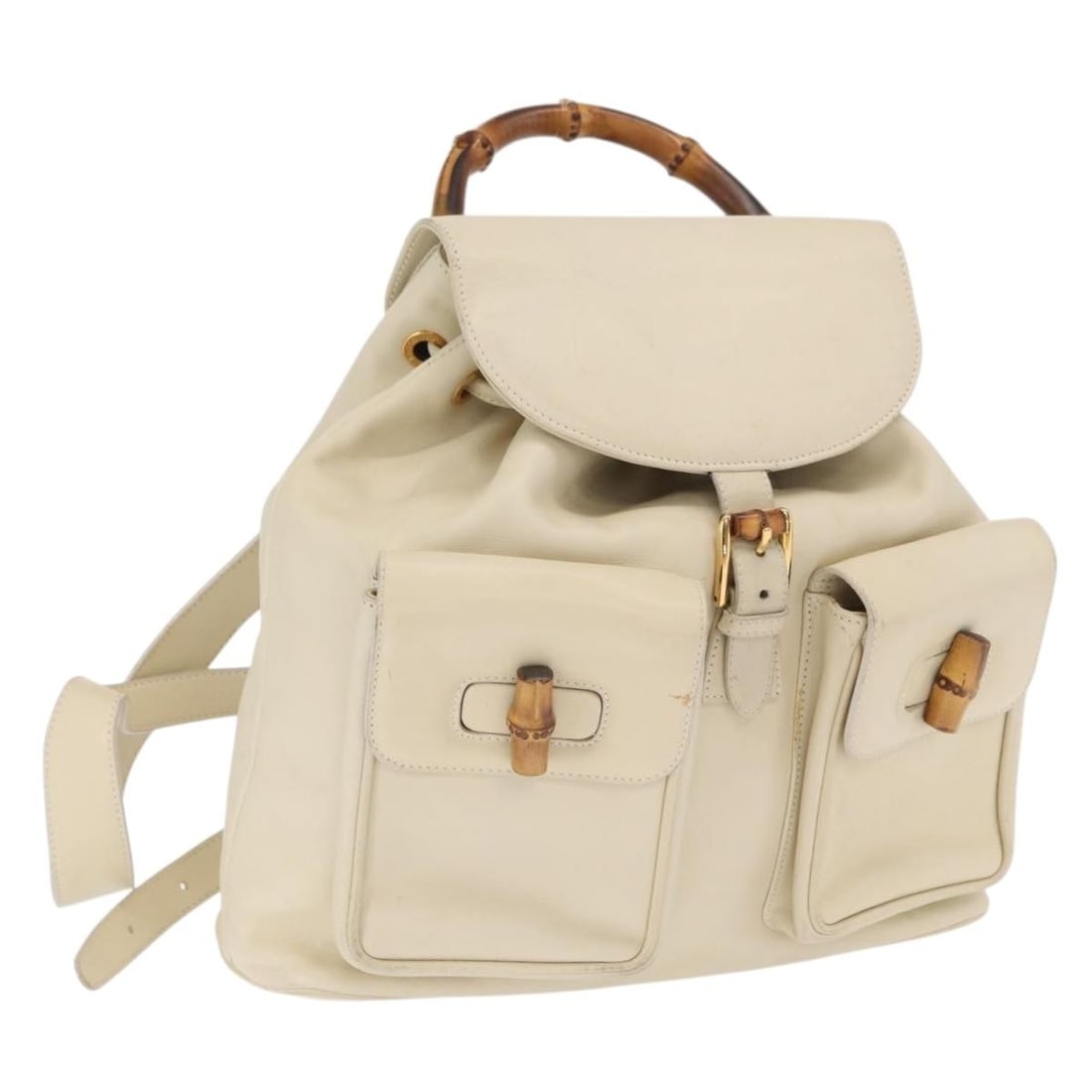 Gucci Bamboo Leather Backpack Ivory Gold Made in Italy 003 2058 0016: Gucci Bamboo Leather Backpack Ivory Gold Made in Italy 003 2058 0016 Gucci bamboo backpack in leather with an ivory and gold color scheme. Made in Italy, this backpack measures approximately W30 cm x 