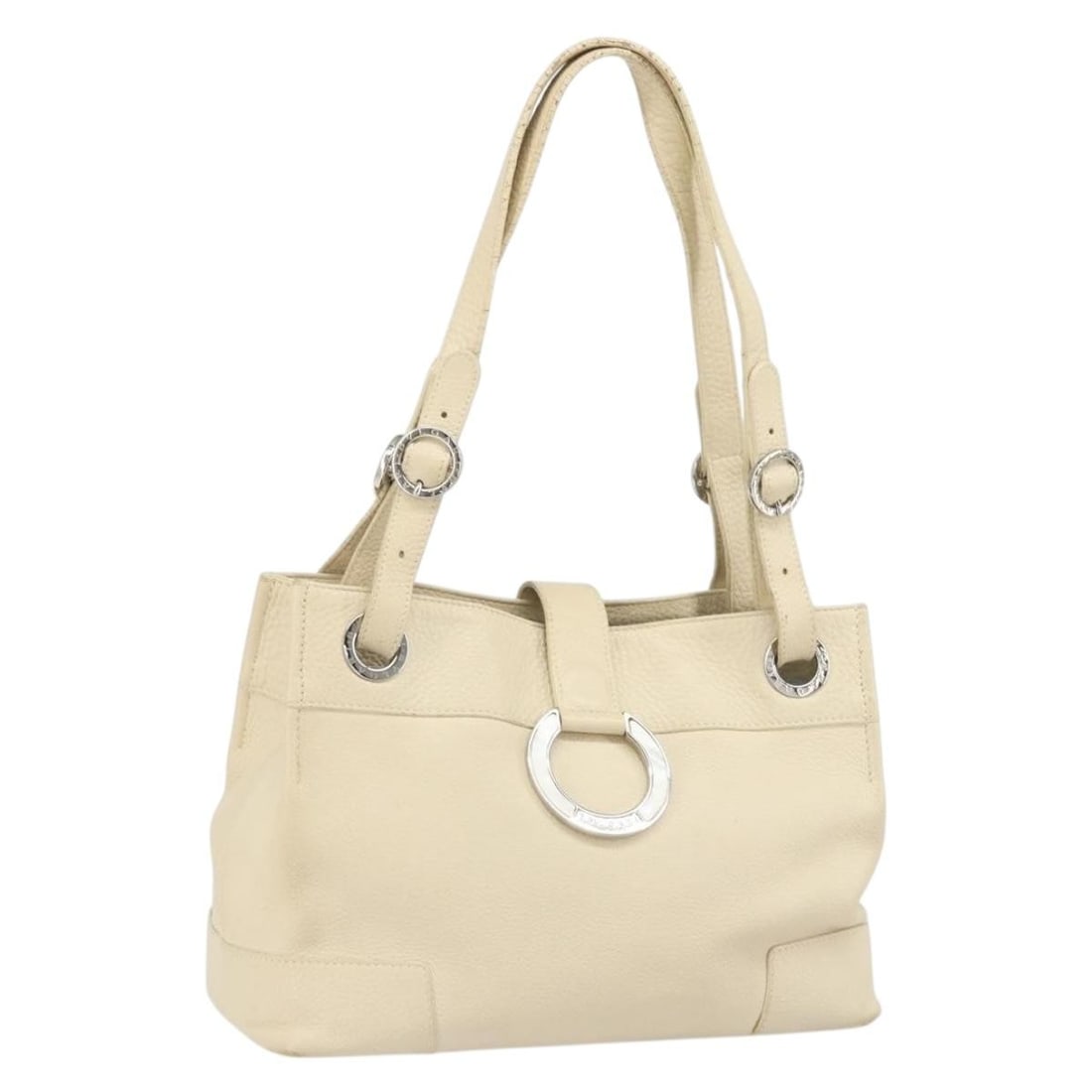 Beige and Silver Leather BVLGARI Tote Bag Made in Italy BA9722: Beige and Silver Leather BVLGARI Tote Bag Made in Italy BA9722 This BVLGARI tote bag features beige and silver leather with silver-tone hardware. Made in Italy, the bag is designed with a spacious int