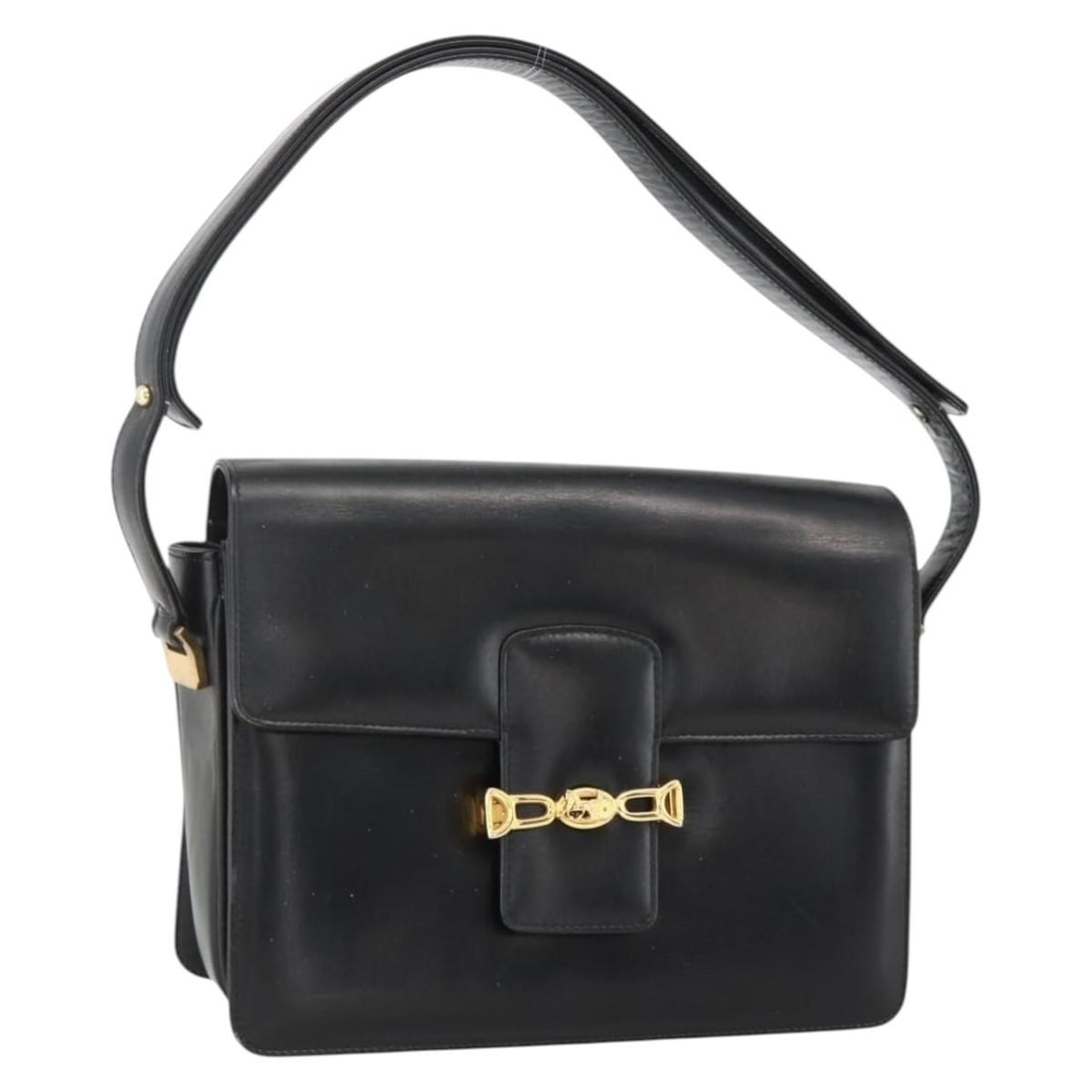 Celine Horse Carriage Black Leather Shoulder Bag Gold Tone INZ094: Celine Horse Carriage Black Leather Shoulder Bag Gold Tone INZ094 CELINE shoulder bag in black and gold leather, made in Italy. The bag features the Horse Carriage design and measures approximately 23