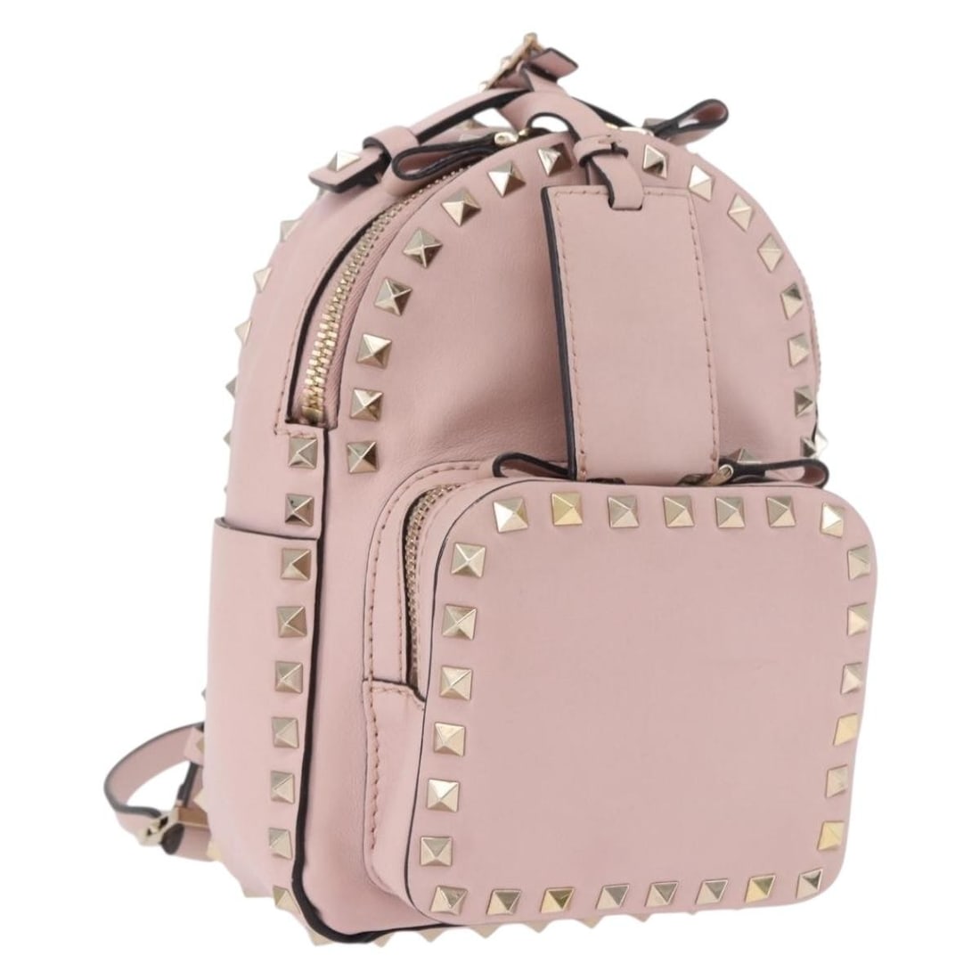 VALENTINO Leather Backpack Pink Gold Tone with Name Tag: VALENTINO Leather Backpack Pink Gold Tone with Name Tag Valentino women's backpack in leather with a pink and gold exterior. It comes with a name tag accessory and was made in Italy. The item is heavi