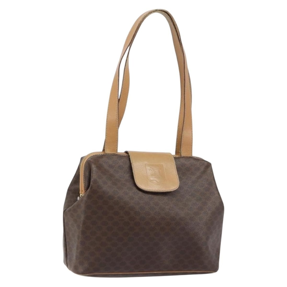 CELINE Macadam Brown Gold PVC Leather Tote Bag Italy: CELINE Macadam Brown Gold PVC Leather Tote Bag Italy This CELINE Macadam Canvas Tote Bag features a stylish combination of brown PVC leather and gold accents, making it a fashionable choice for everyd