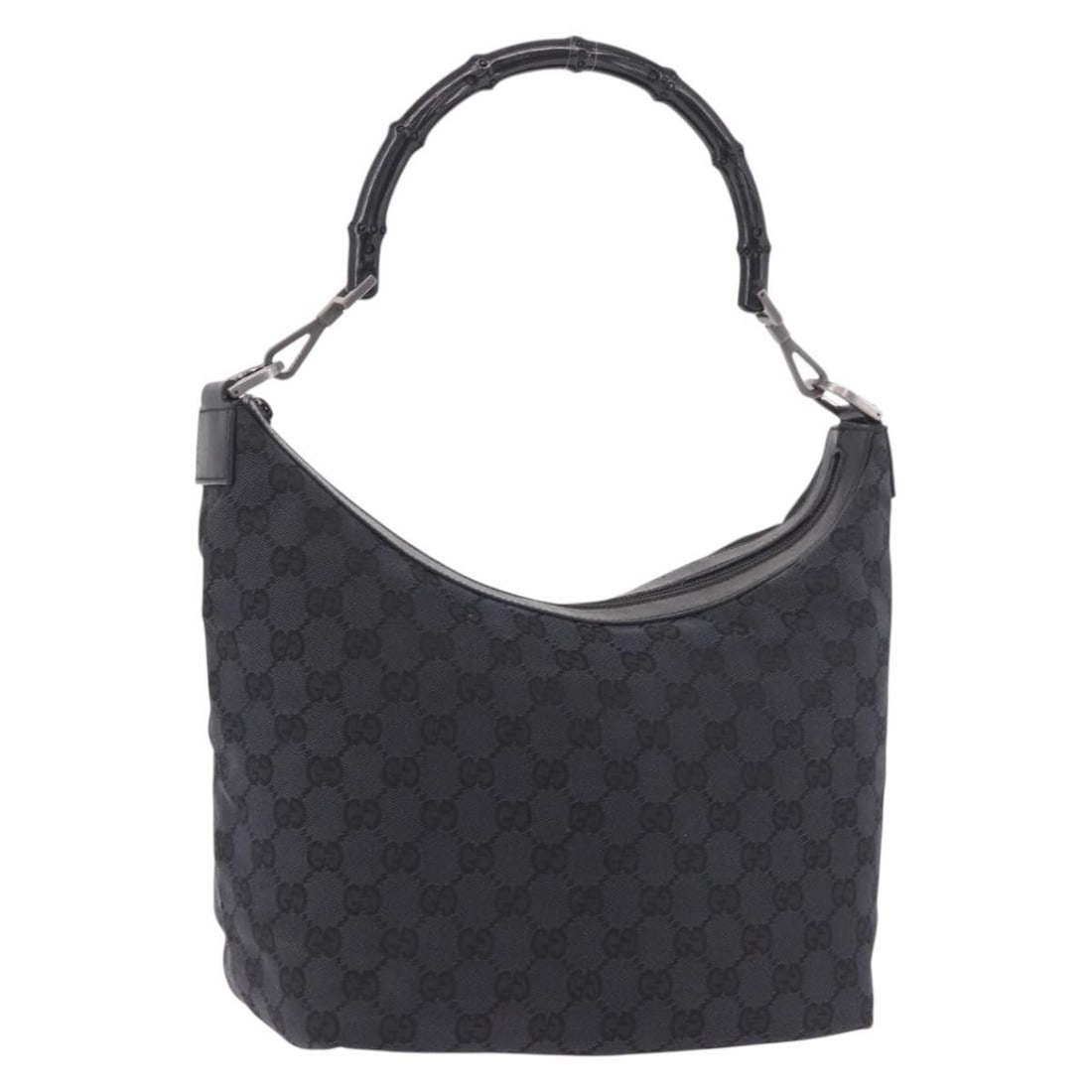 Gucci 000 0531 Bamboo Shoulder Bag in Black GG Canvas: Gucci 000 0531 Bamboo Shoulder Bag in Black GG Canvas A Gucci Bamboo GG Canvas shoulder bag in black and silver, made in Italy. It features GG canvas exterior material and a shoulder strap with an app