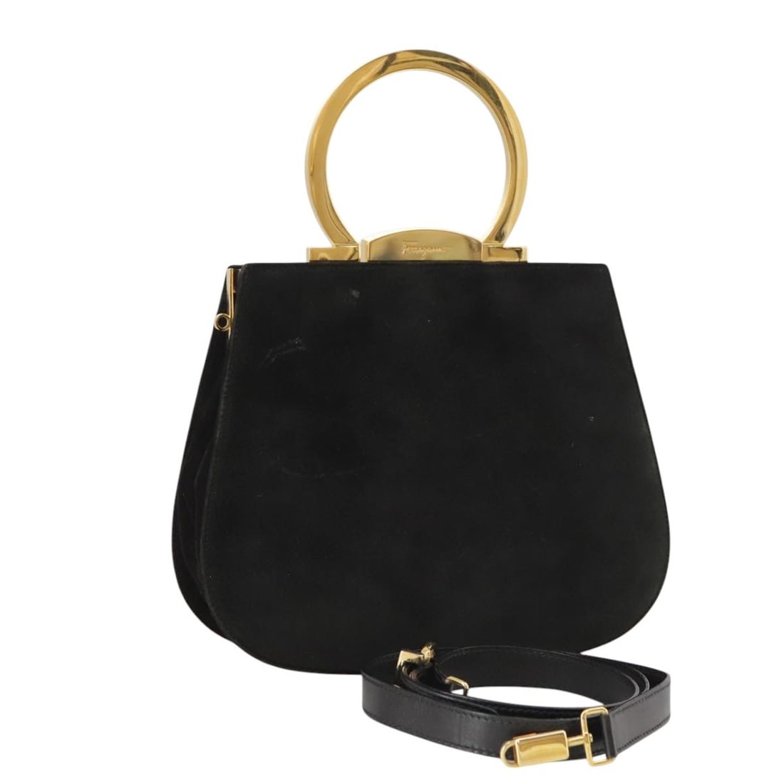 Black Suede 2 Way Handbag Salvatore Ferragamo Gancini: Black Suede 2 Way Handbag Salvatore Ferragamo Gancini Salvatore Ferragamo Gancini handbag in black suede with gold-tone hardware. This 2-way style comes with a dust bag and shoulder strap, and was mad
