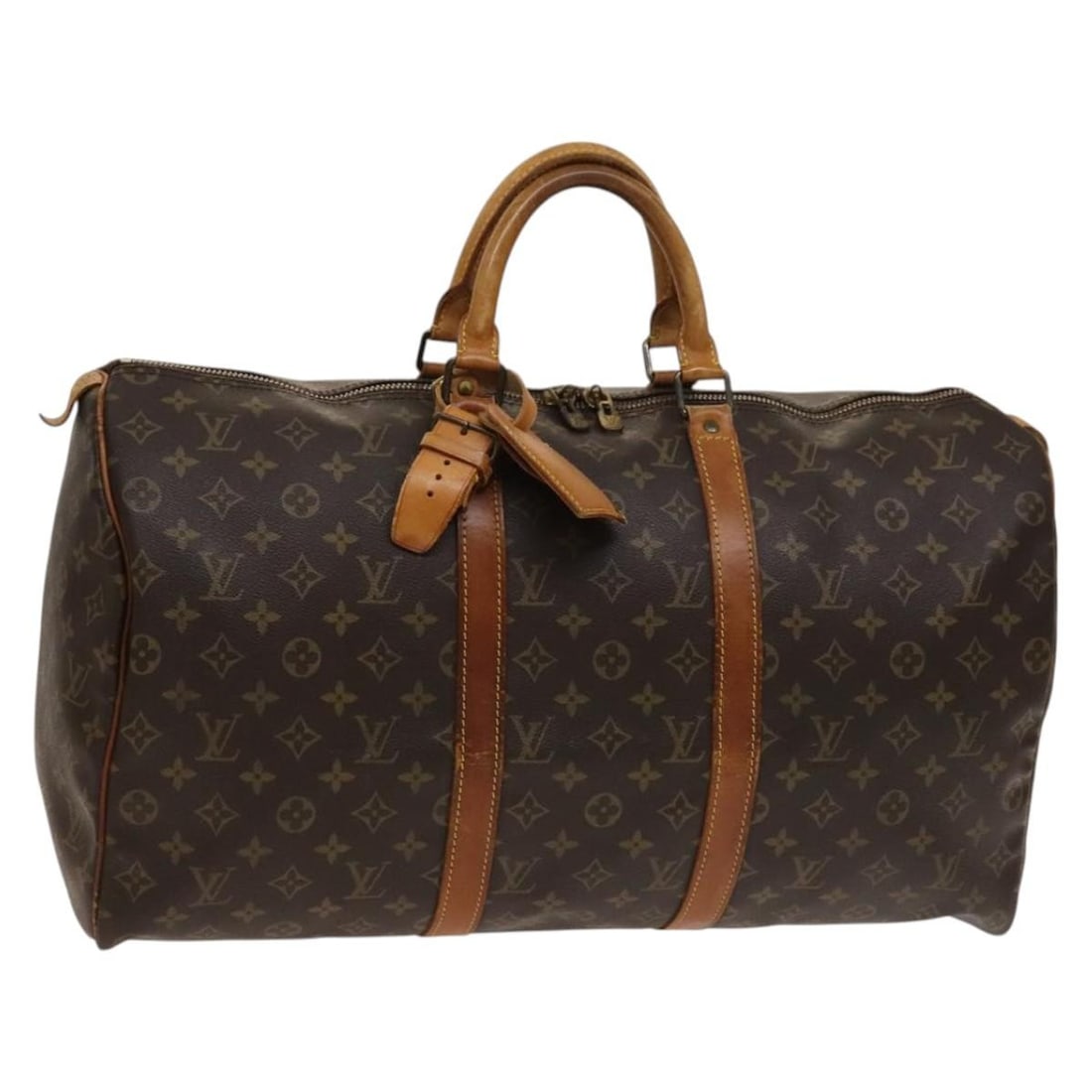 Louis Vuitton M41426 Keepall 50 Monogram Canvas Boston Bag: Louis Vuitton M41426 Keepall 50 Monogram Canvas Boston Bag Monogram canvas Boston bag in the Keepall 50 style, made in France. It comes with a name tag and powanie accessory. The bag is described as h