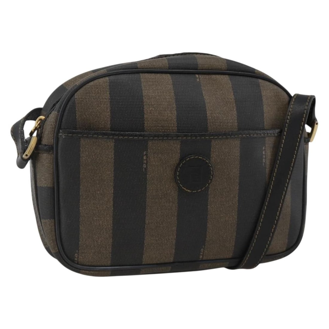 Fendi Shoulder Bag Pequin Canvas and PVC Brown Black Italy: Fendi Shoulder Bag Pequin Canvas and PVC Brown Black Italy This FENDI shoulder bag features the iconic Pequin canvas and PVC leather in brown and black tones. Designed for women, it is made in Italy a