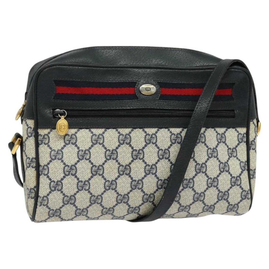 Gucci Sherry Line GG Supreme PVC Shoulder Bag Navy Gold 001 56 6472: Gucci Sherry Line GG Supreme PVC Shoulder Bag Navy Gold 001 56 6472 A Gucci GG Supreme Sherry Line shoulder bag in navy and gold, made from PVC leather and GG canvas. It features a shoulder strap and 