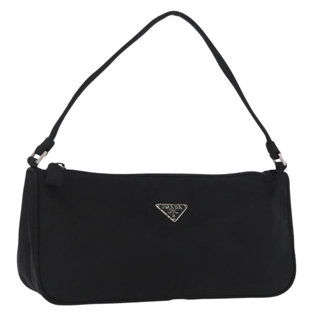 Prada Black Nylon Women's Accessory Pouch Silver Tone Hardware: Prada Black Nylon Women's Accessory Pouch Silver Tone Hardware This PRADA accessory pouch is crafted from black nylon with silver-tone accents. Designed for women, it is made in Italy and features a c