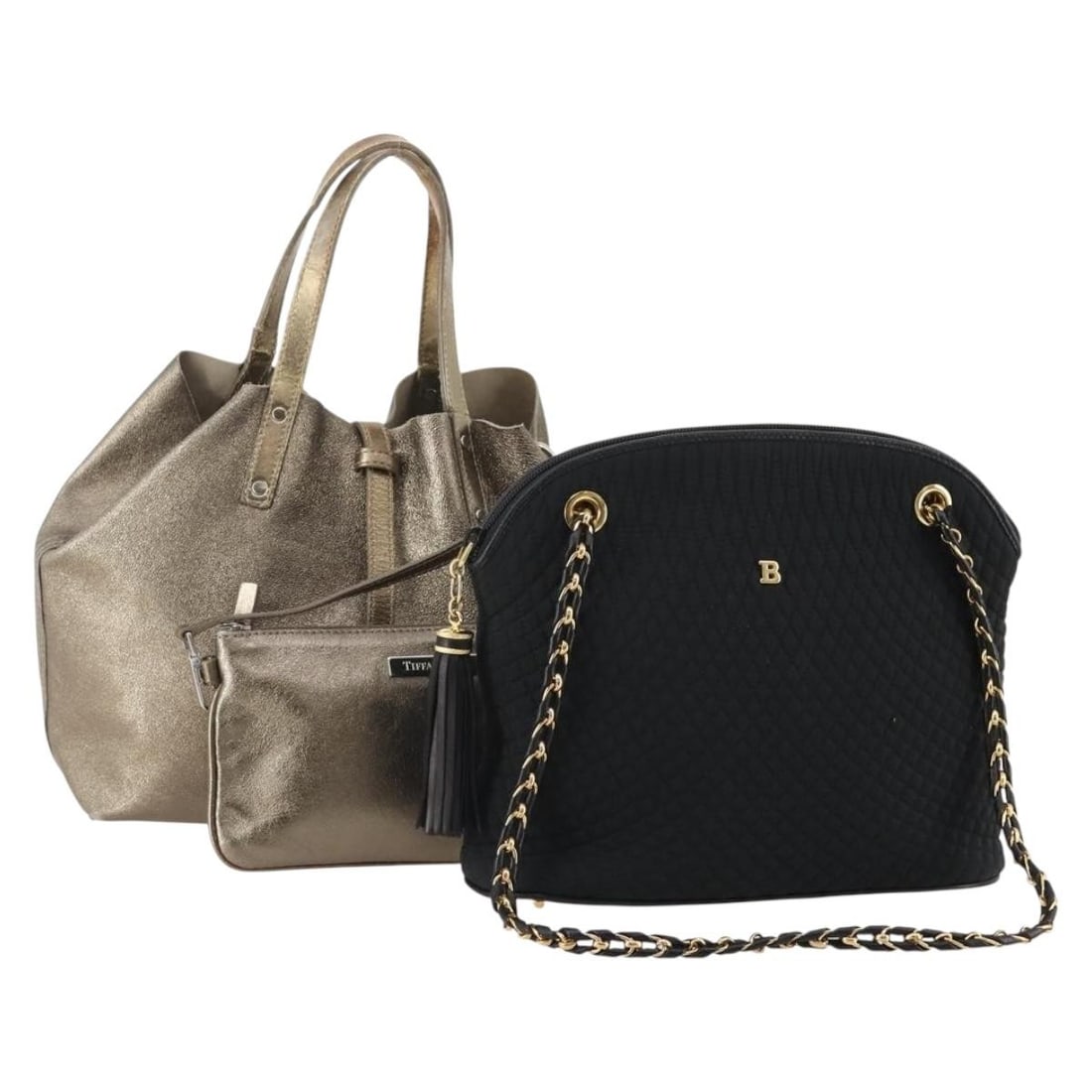 Tiffany Co Black Nylon Shoulder Bag with Pouch Set: Tiffany Co Black Nylon Shoulder Bag with Pouch Set This is a Tiffany & Co. shoulder bag set, featuring a black nylon exterior with gold tone accents. The set includes a matching pouch. Both items are 