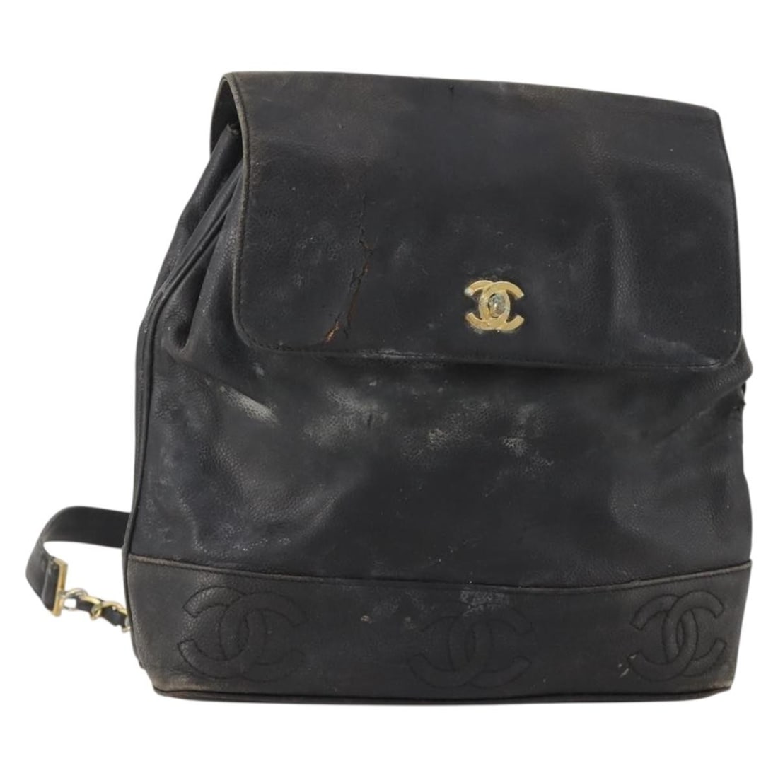 CHANEL Caviar Skin Backpack Black Silver Tone Italy: CHANEL Caviar Skin Backpack Black Silver Tone Italy CHANEL backpack in black Caviar Skin with silver-tone exterior details, made in Italy. The bag measures approximately 26 cm W x 25 cm H x 8 cm D (10