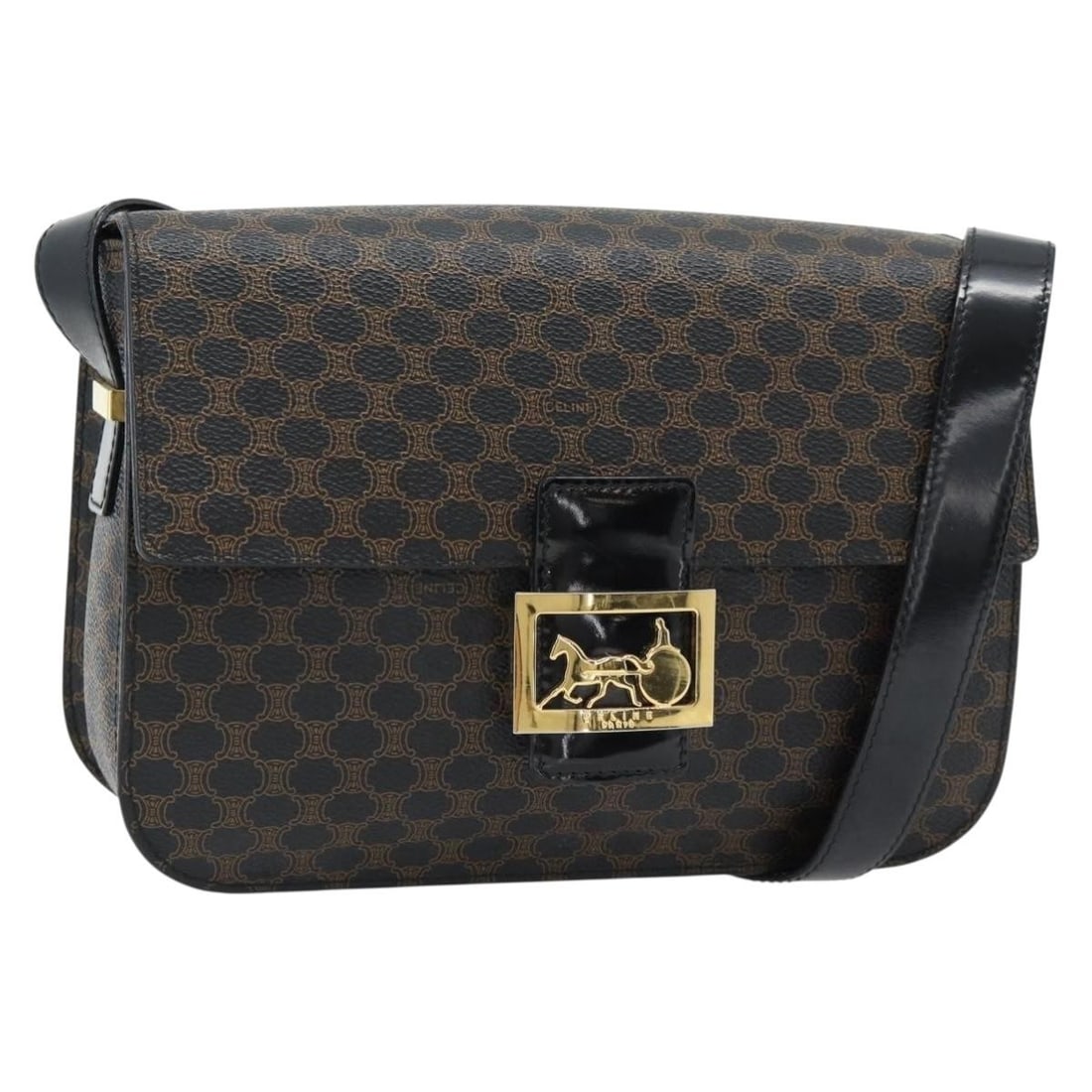 Celine Horse Carriage Macadam Canvas Shoulder Bag Black Gold PVC Leather: Celine Horse Carriage Macadam Canvas Shoulder Bag Black Gold PVC Leather A CELINE shoulder bag in Macadam canvas and PVC leather, presented in black with gold-tone details. It features the Horse Carri