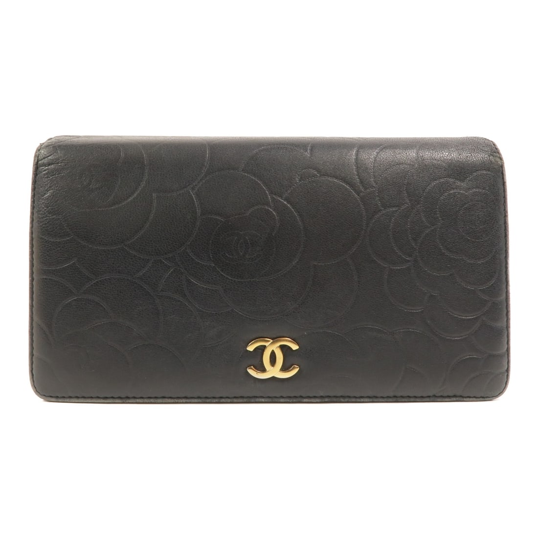 CHANEL Camellia Embossed Lambskin Long Wallet Black CC GHW: CHANEL Camellia Embossed Lambskin Long Wallet Black CC GHW A CHANEL CC long wallet in black lambskin leather with a camellia embossed design and gold-tone hardware. It features a flap opening, five op