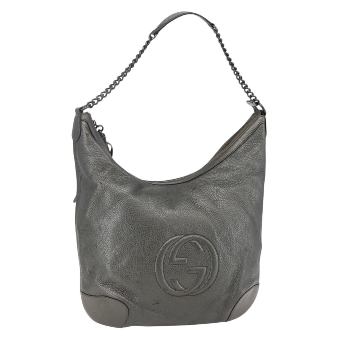 GUCCI Soho Chain Shoulder Bag Leather Silver Tone 326706 Authentic: GUCCI Soho Chain Shoulder Bag Leather Silver Tone 326706 Authentic This GUCCI Soho Chain Shoulder Bag is expertly crafted from high-quality leather in a striking silver tone. Measuring approximately 1