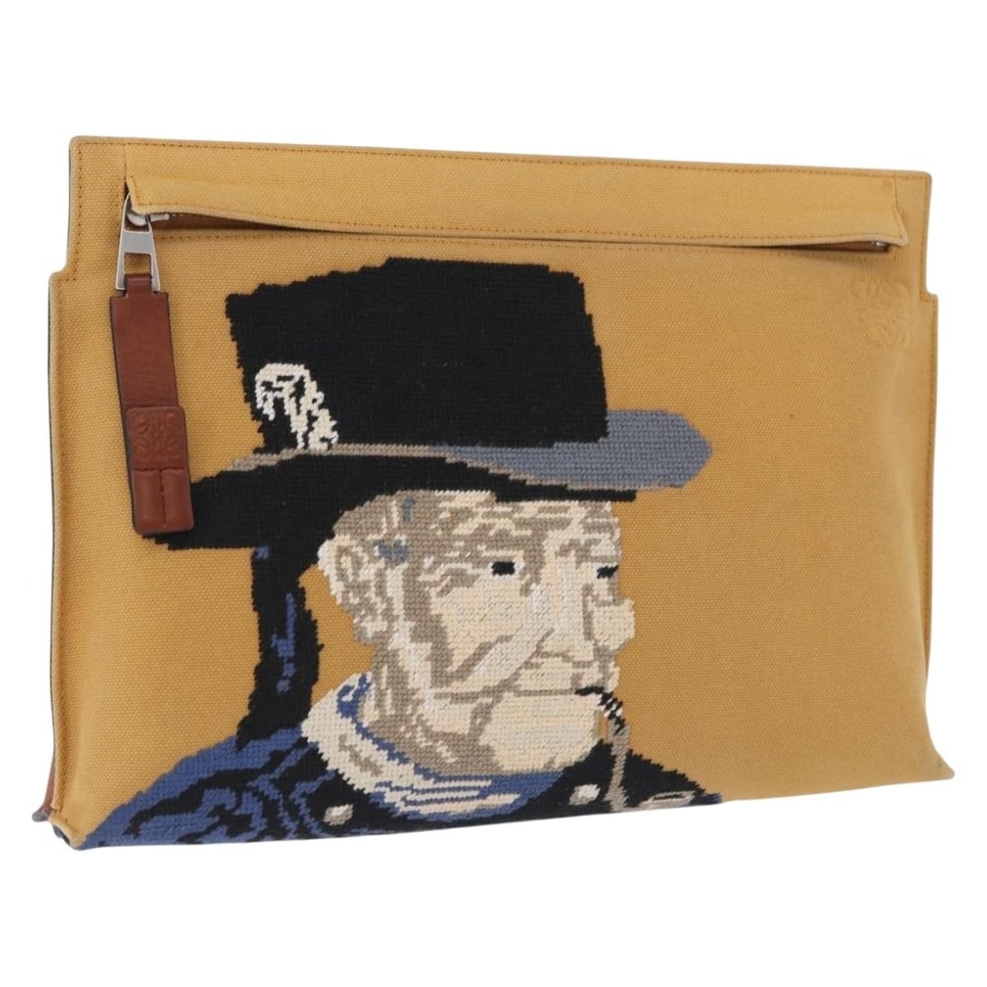 LOEWE canvas clutch purse brown silver tone made in Spain: LOEWE canvas clutch purse brown silver tone made in Spain LOEWE clutch bag in brown and silver canvas, made in Spain and designed for women. It measures approximately 31 cm wide, 20 cm high, and 4 cm 
