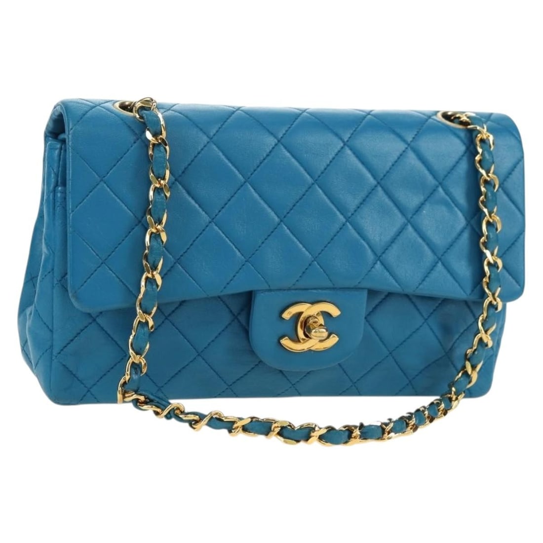 CHANEL Matelasse 23 Lambskin Shoulder Bag Blue Gold Repainted: CHANEL Matelasse 23 Lambskin Shoulder Bag Blue Gold Repainted CHANEL Matelasse 23 chain shoulder bag in blue lamb skin with gold-tone CC detailing. This women's shoulder bag is made in France and incl
