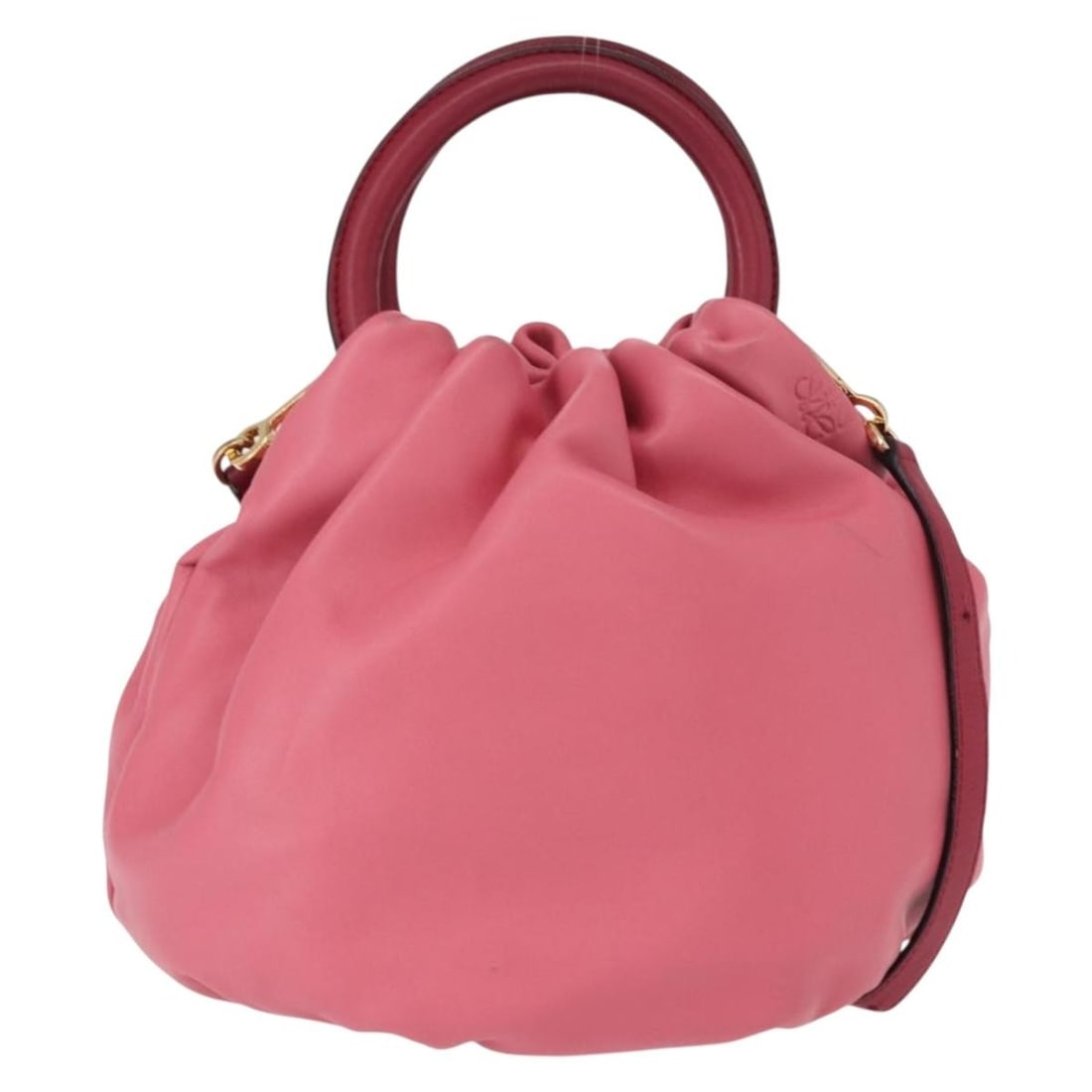 LOEWE Bounce 2way leather handbag pink with shoulder strap: LOEWE Bounce 2way leather handbag pink with shoulder strap A LOEWE Bounce handbag in pink and gold leather, designed as a 2-way style and made in Spain. It comes with a shoulder strap accessory. The i
