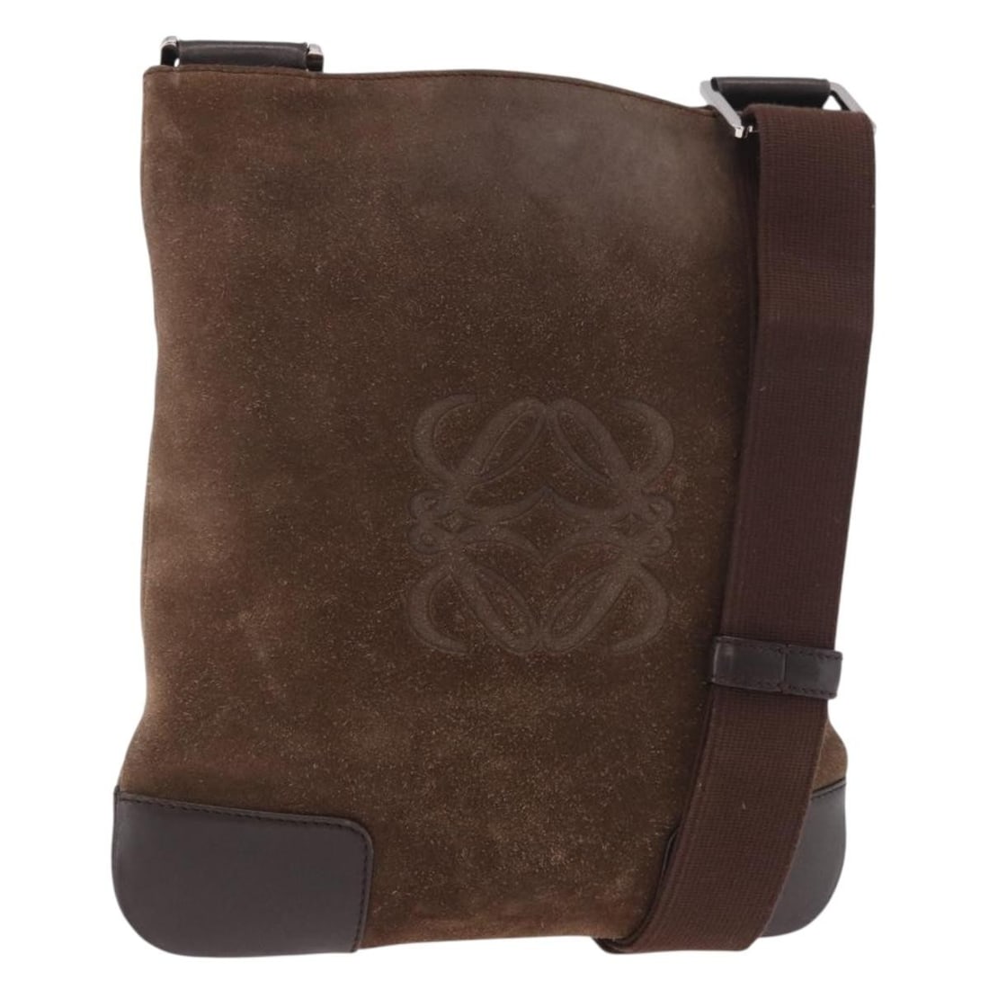 LOEWE Anagram suede shoulder bag brown silver tone: LOEWE Anagram suede shoulder bag brown silver tone LOEWE shoulder bag in suede with a brown and silver colorway. Made in Spain, it features a shoulder strap with an approximate drop of 32-61 cm. The b