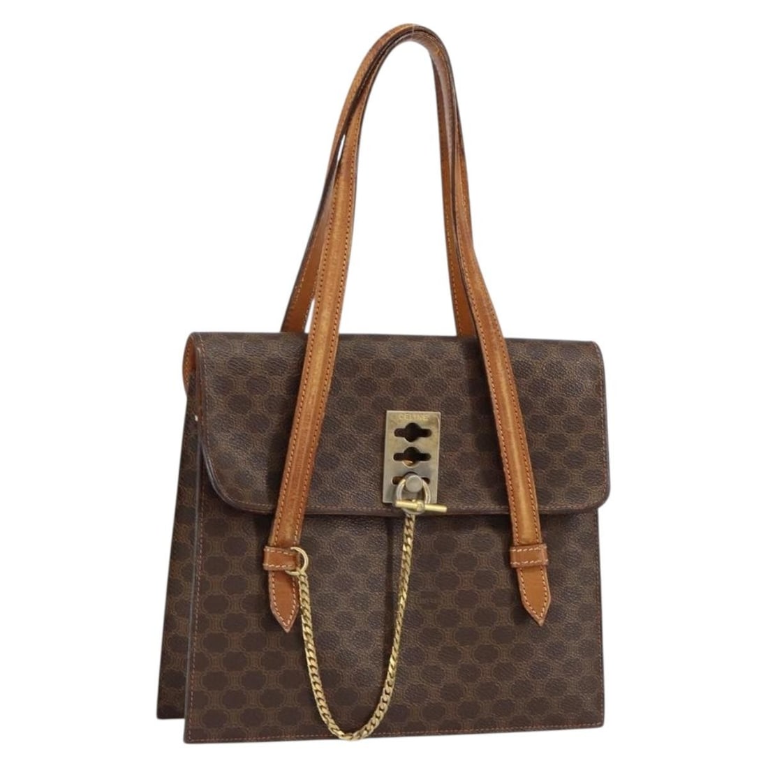 Celine Macadam PVC Leather Brown Gold Shoulder Bag Italy: Celine Macadam PVC Leather Brown Gold Shoulder Bag Italy This CELINE Macadam shoulder bag features a classic brown and gold color combination with PVC leather and Macadam canvas exterior. Designed for