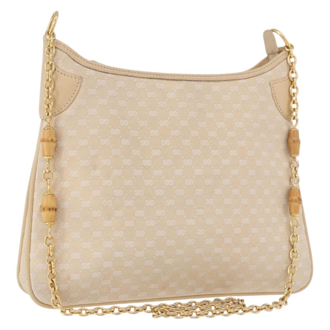 Gucci Bamboo Chain Shoulder Bag in Ivory Micro GG Canvas: Gucci Bamboo Chain Shoulder Bag in Ivory Micro GG Canvas Gucci shoulder bag in Ivory/Gold with Micro Small GG Canvas construction. It features a bamboo chain shoulder design and measures approximately