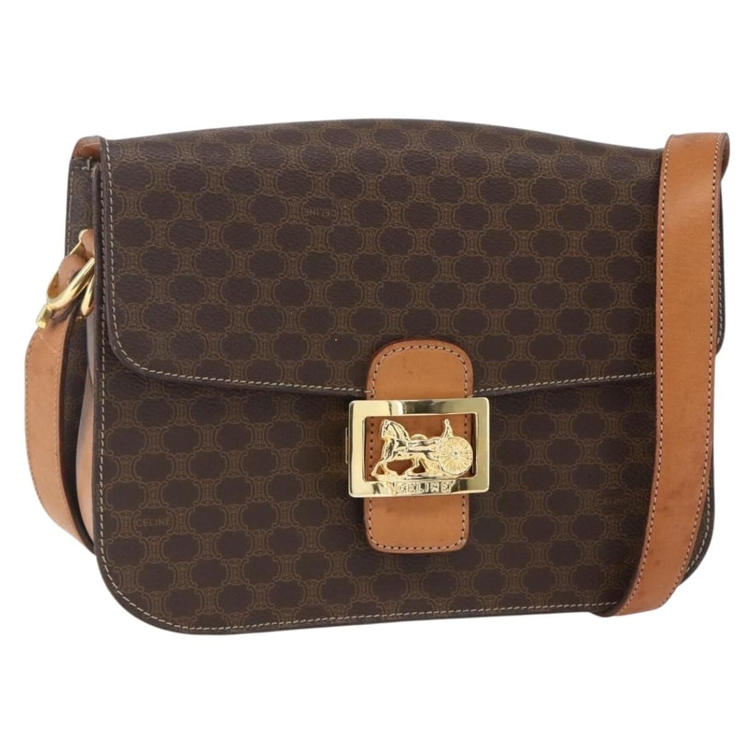 CELINE Brown Gold PVC Leather Macadam Shoulder Bag Auth 157263: CELINE Brown Gold PVC Leather Macadam Shoulder Bag Auth 157263 This CELINE Macadam Canvas Horse Carriage Bag is a stylish shoulder bag crafted in Italy. It features a combination of PVC leather and Ma