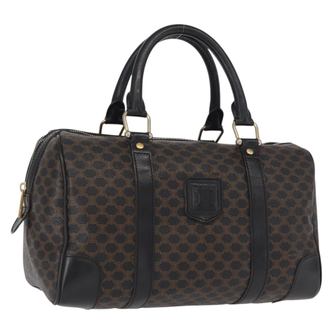 CELINE Macadam Canvas Black Gold Boston Bag Italy: CELINE Macadam Canvas Black Gold Boston Bag Italy This CELINE Boston Bag features the signature Macadam canvas with black and gold PVC leather accents. Designed for women, it offers a classic Boston s