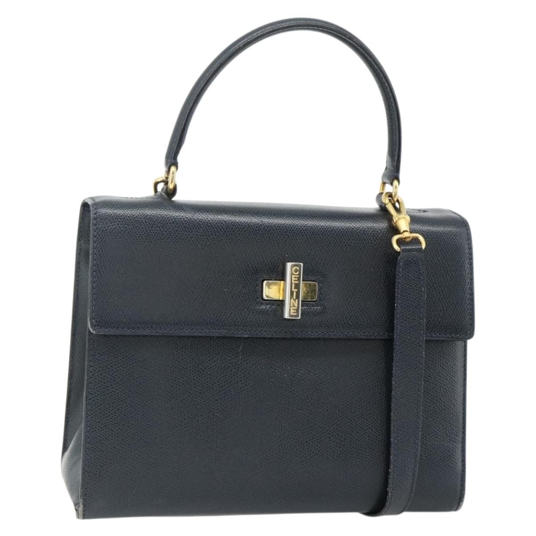 CELINE Black Leather 2Way Handbag with Shoulder Strap Gold Tone: CELINE Black Leather 2Way Handbag with Shoulder Strap Gold Tone A CELINE hand bag in black and gold leather, made in Italy. It comes with a shoulder strap and is designed as a 2-way style. The bag is 