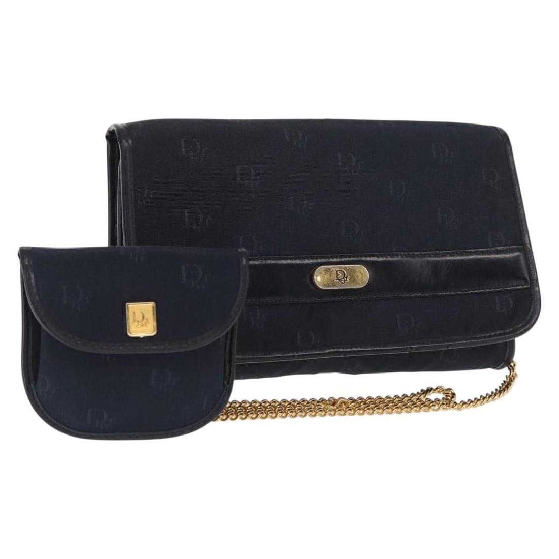 Christian Dior Navy Gold Nylon Shoulder Bag with Coin Purse: Christian Dior Navy Gold Nylon Shoulder Bag with Coin Purse This Christian Dior chain shoulder bag is crafted from navy nylon with gold-tone accents. Designed for women, it features a compact silhouet