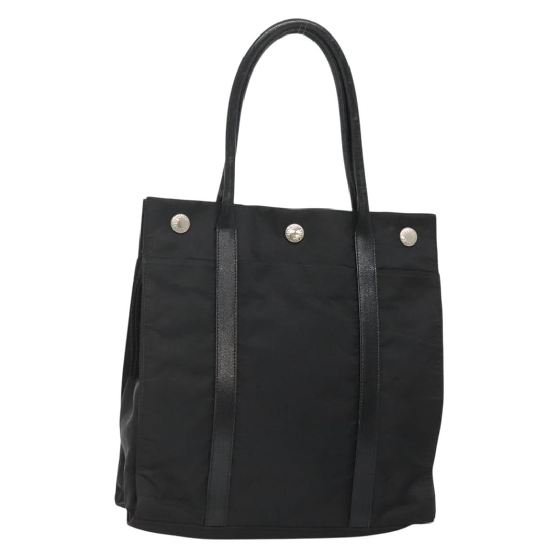 Prada nylon black silver tote with guarantee card: Prada nylon black silver tote with guarantee card This PRADA tote bag is crafted from black nylon with silver-tone accents. Designed for women, it features a spacious interior and a comfortable handle