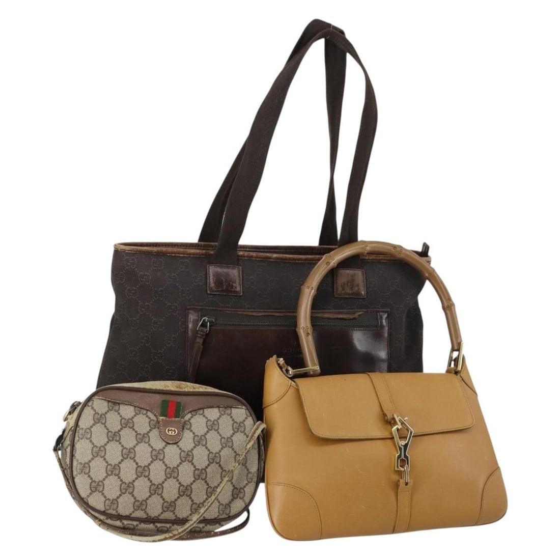 GUCCI GG Canvas Leather Shoulder Bag Set Beige Dark Brown Auth 152612: GUCCI GG Canvas Leather Shoulder Bag Set Beige Dark Brown Auth 152612 This authentic GUCCI GG Canvas Shoulder Bag is a stylish accessory crafted in Italy. The bag features a combination of leather and