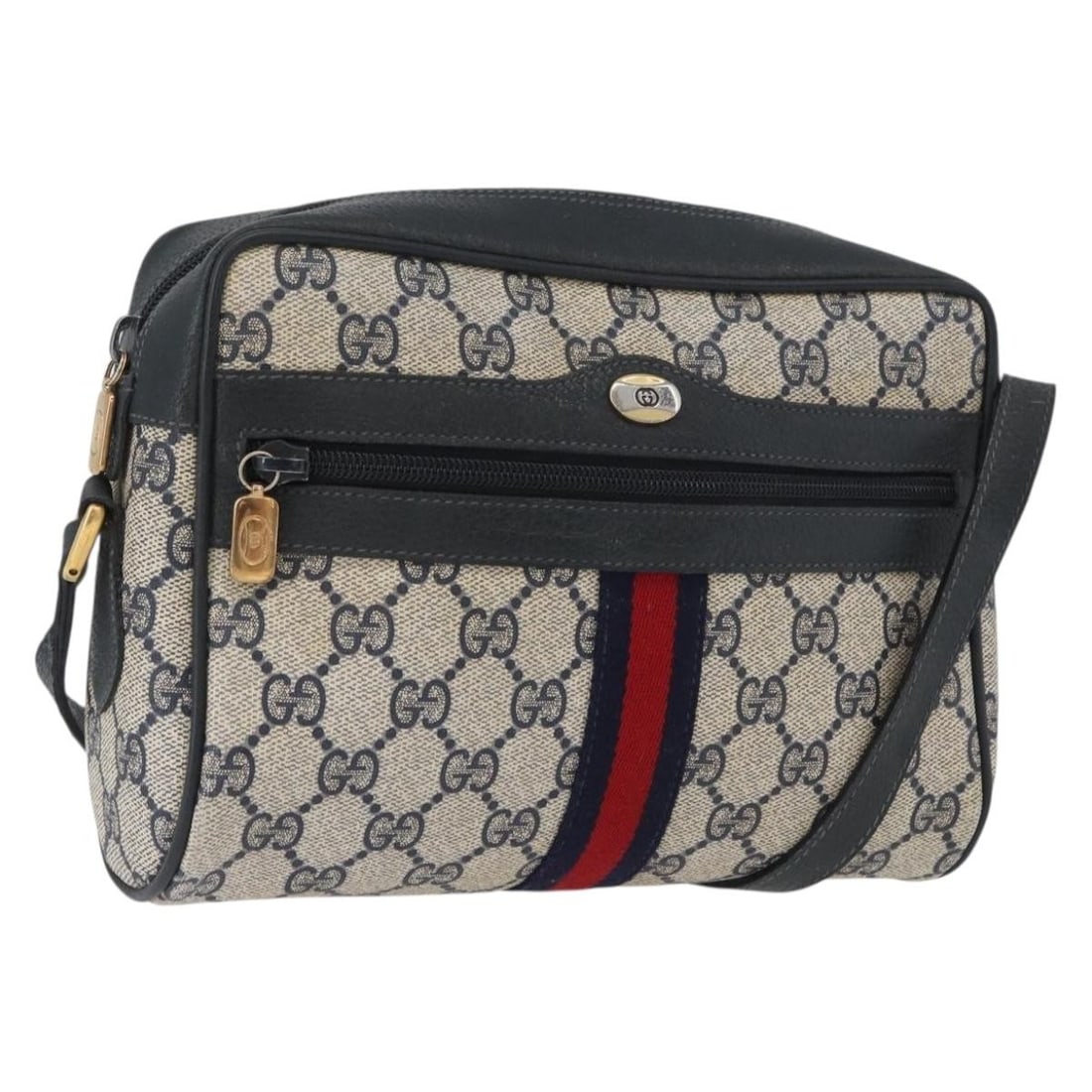 Gucci Sherry Line GG Supreme PVC Shoulder Bag Navy Gold 120 02 004: Gucci Sherry Line GG Supreme PVC Shoulder Bag Navy Gold 120 02 004 Gucci GG Supreme Sherry Line shoulder bag in navy and gold, made from PVC leather and GG canvas. This bag is made in Italy and comes 
