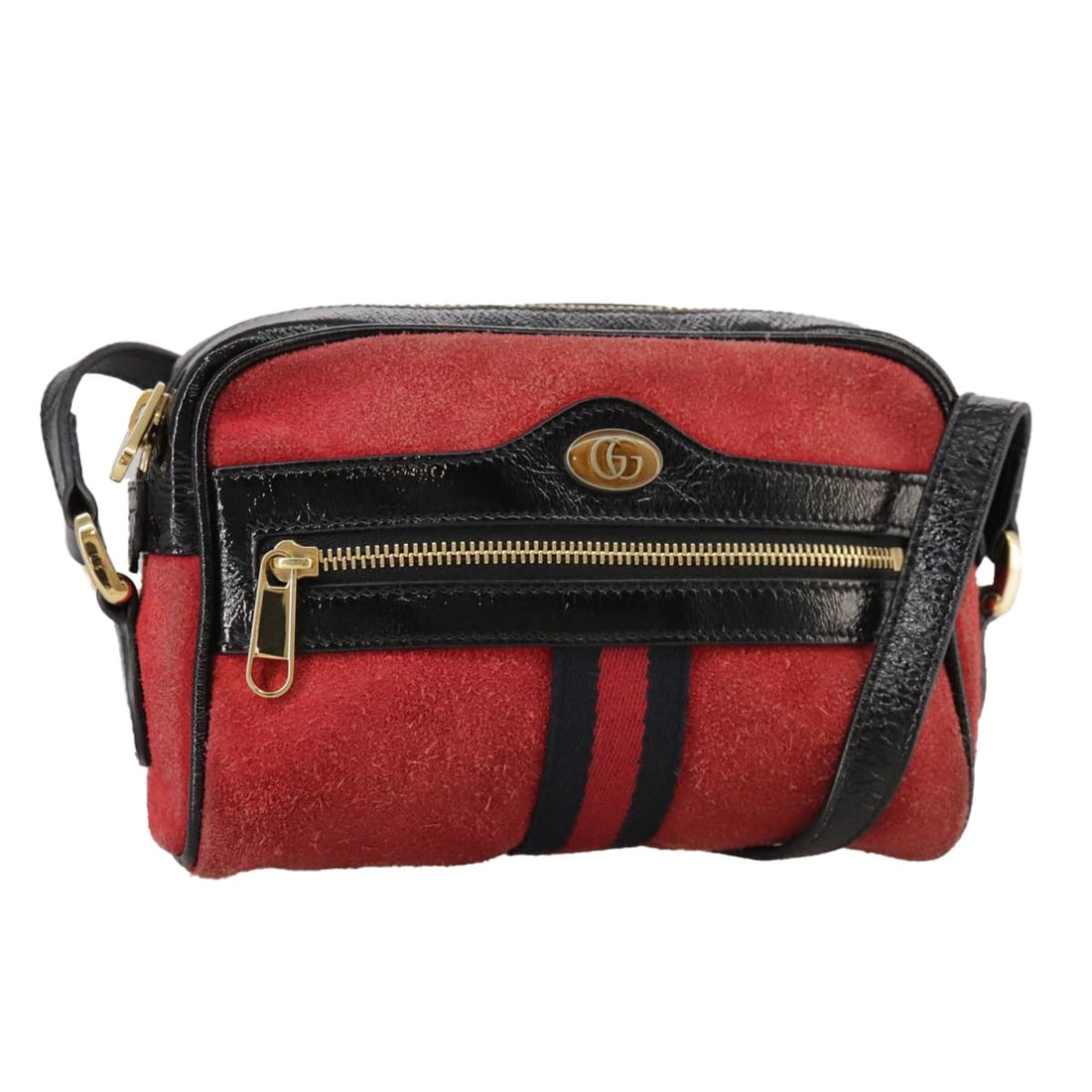 Gucci Suede Shoulder Bag Sherry Line Red Navy Womens: Gucci Suede Shoulder Bag Sherry Line Red Navy Womens Gucci Sherry Line shoulder bag in suede with a red and navy exterior. Made in Italy, this women's bag measures approximately 17.5 cm W x 12 cm H x 