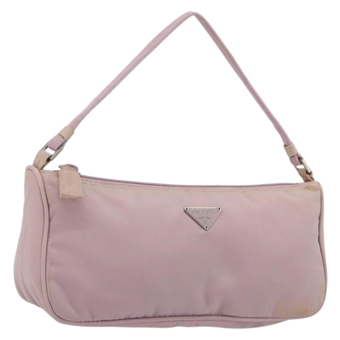 Prada Nylon Accessory Pouch in Pink with Silver Tone Hardware: Prada Nylon Accessory Pouch in Pink with Silver Tone Hardware Pink and silver Prada accessory pouch made of nylon, made in Italy. The pouch measures approximately W24 cm x H10 cm x D5 cm (W9.4 x H3.9 
