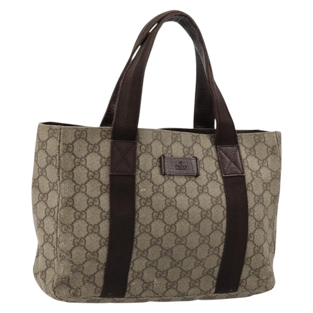 Gucci 141976 Beige GG Canvas Handbag Italy: Gucci 141976 Beige GG Canvas Handbag Italy This GUCCI GG Supreme hand bag features the iconic GG canvas in beige and is crafted in Italy. The bag shows signs of heavy use, including loss of shape, rub