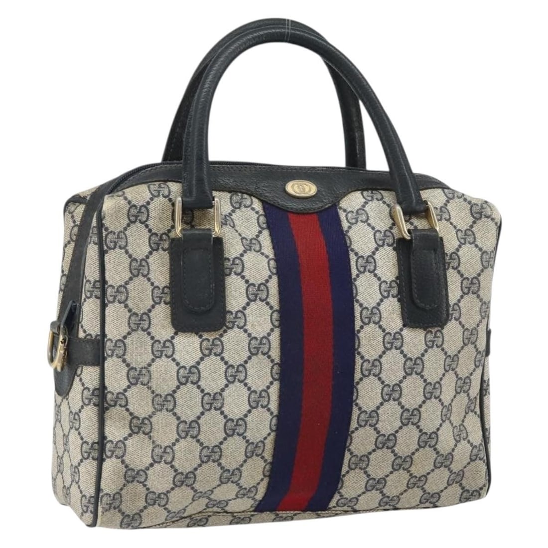 Navy GG Supreme Sherry Line Handbag by Gucci PVC Leather Model 37 02 3839: Navy GG Supreme Sherry Line Handbag by Gucci PVC Leather Model 37 02 3839 This is a Gucci GG Supreme Sherry Line handbag crafted from PVC leather and GG canvas in navy and gold tones. The bag features