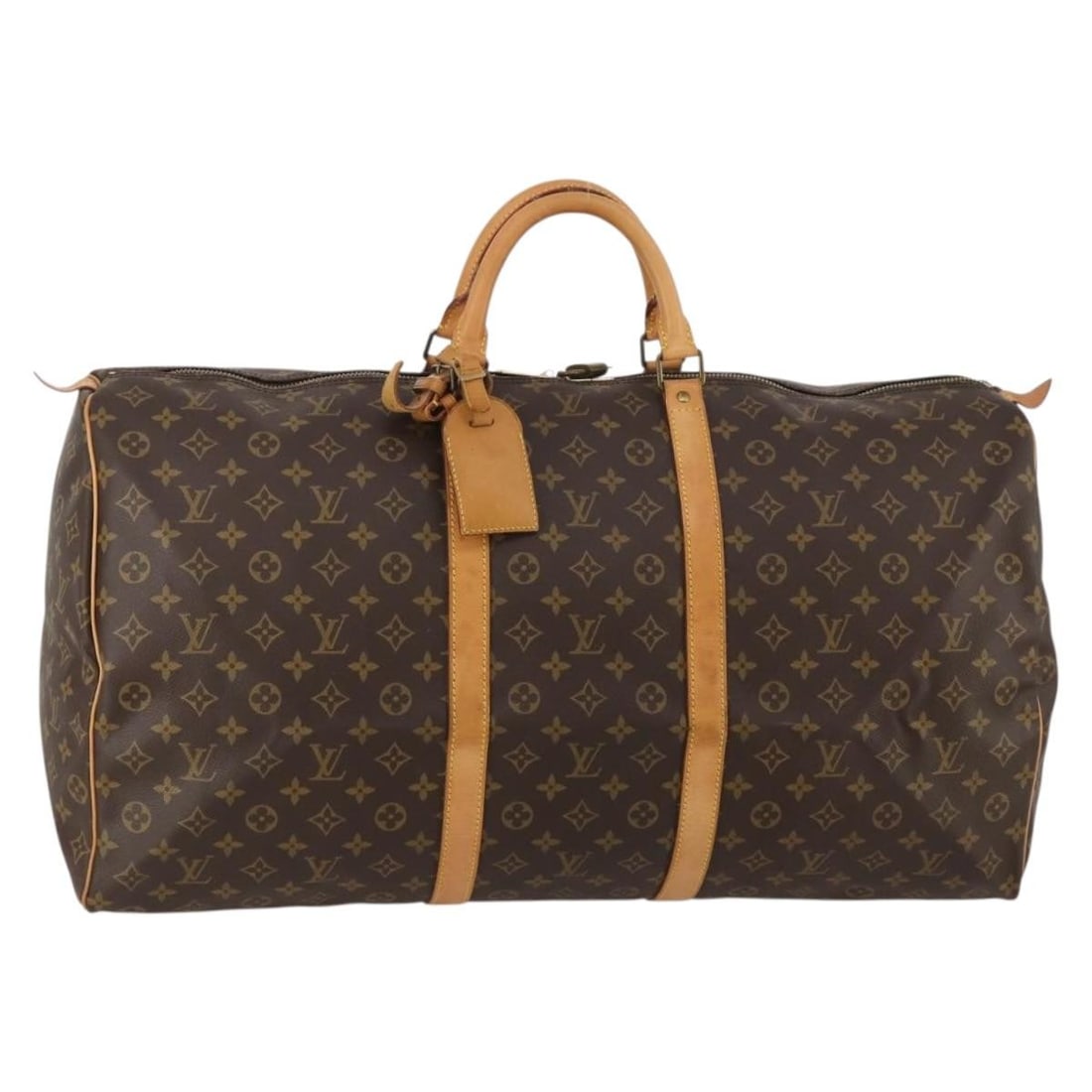 Boston Bag Monogram Canvas Louis Vuitton Keepall 60 M41422: Boston Bag Monogram Canvas Louis Vuitton Keepall 60 M41422 Louis Vuitton Keepall 60 Boston Bag in Monogram Canvas, made in France. It comes with a padlock, one key, and a name tag. The bag is in heavi
