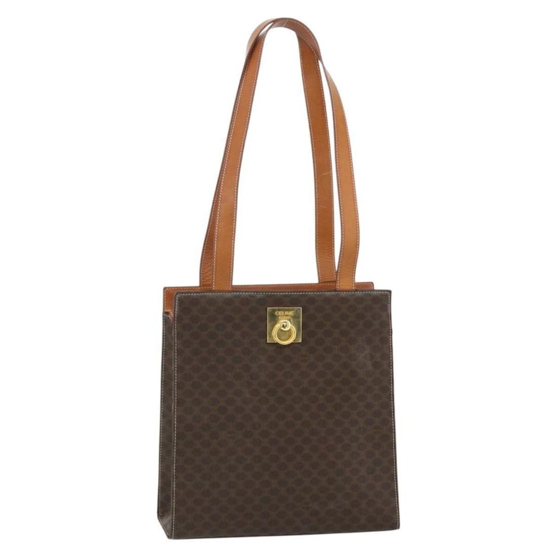 CELINE Macadam Tote Bag Brown PVC Leather Gold Tone: CELINE Macadam Tote Bag Brown PVC Leather Gold Tone CELINE tote bag in brown and gold PVC leather and Macadam canvas, made in Italy. This women's bag features a structured tote style with an approxima
