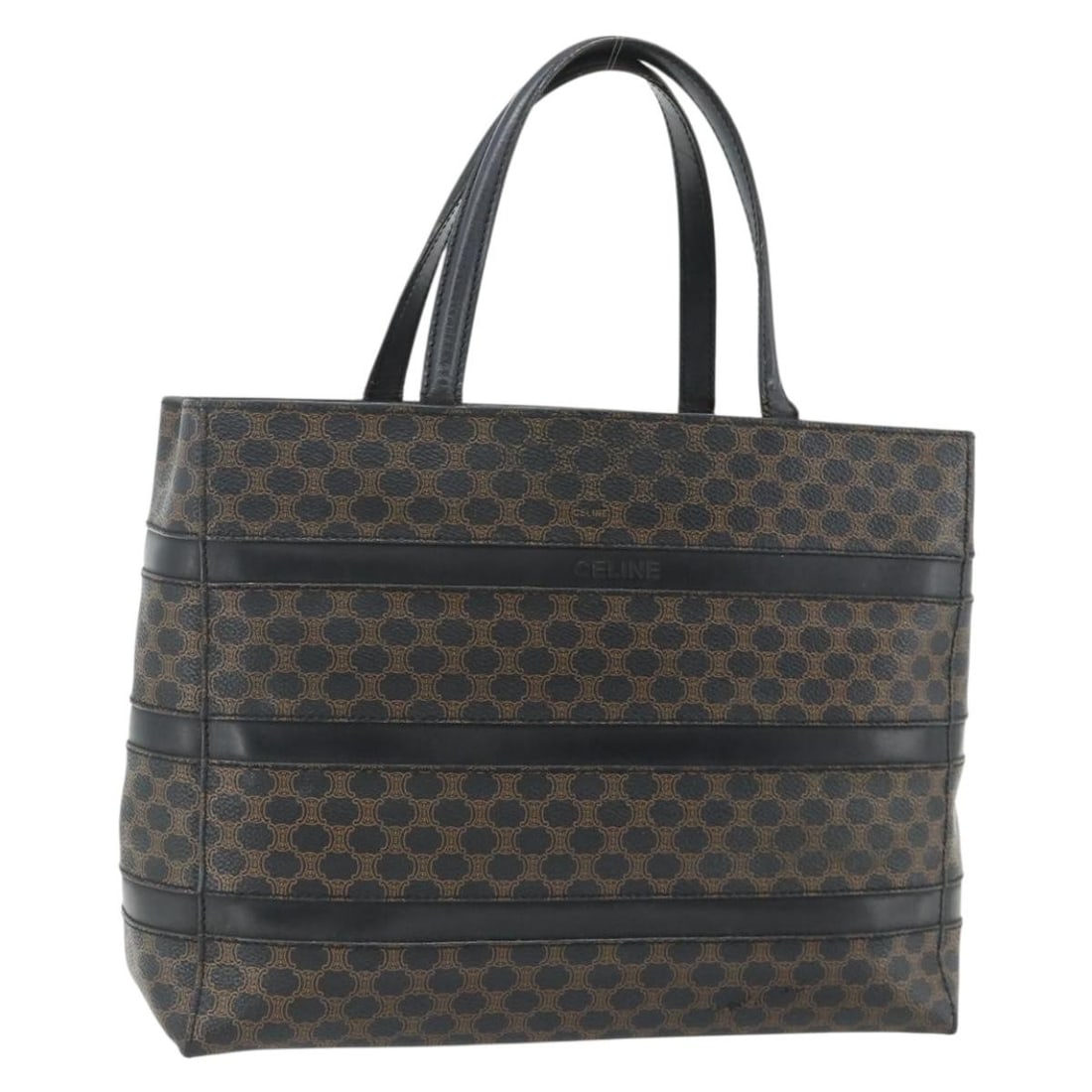 CELINE Macadam PVC Leather Tote Bag Black Gold Italy: CELINE Macadam PVC Leather Tote Bag Black Gold Italy This CELINE Macadam tote bag features a combination of PVC leather and canvas in black and gold tones. Designed for women, the bag is made in Italy