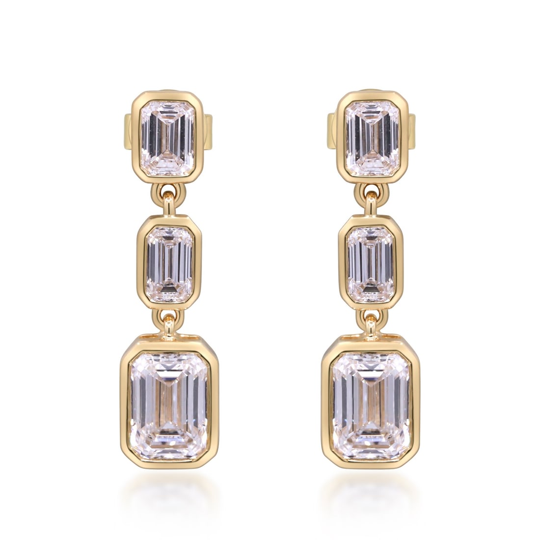 14K Yellow Gold Emerald Cut Lab Grown Diamond Earrings 3.48 ctw: 14K Yellow Gold Emerald Cut Lab Grown Diamond Earrings 3.48 ctw Women's yellow gold earrings featuring lab-grown diamonds in an emerald shape. The earrings are made of 14K yellow gold and have a total