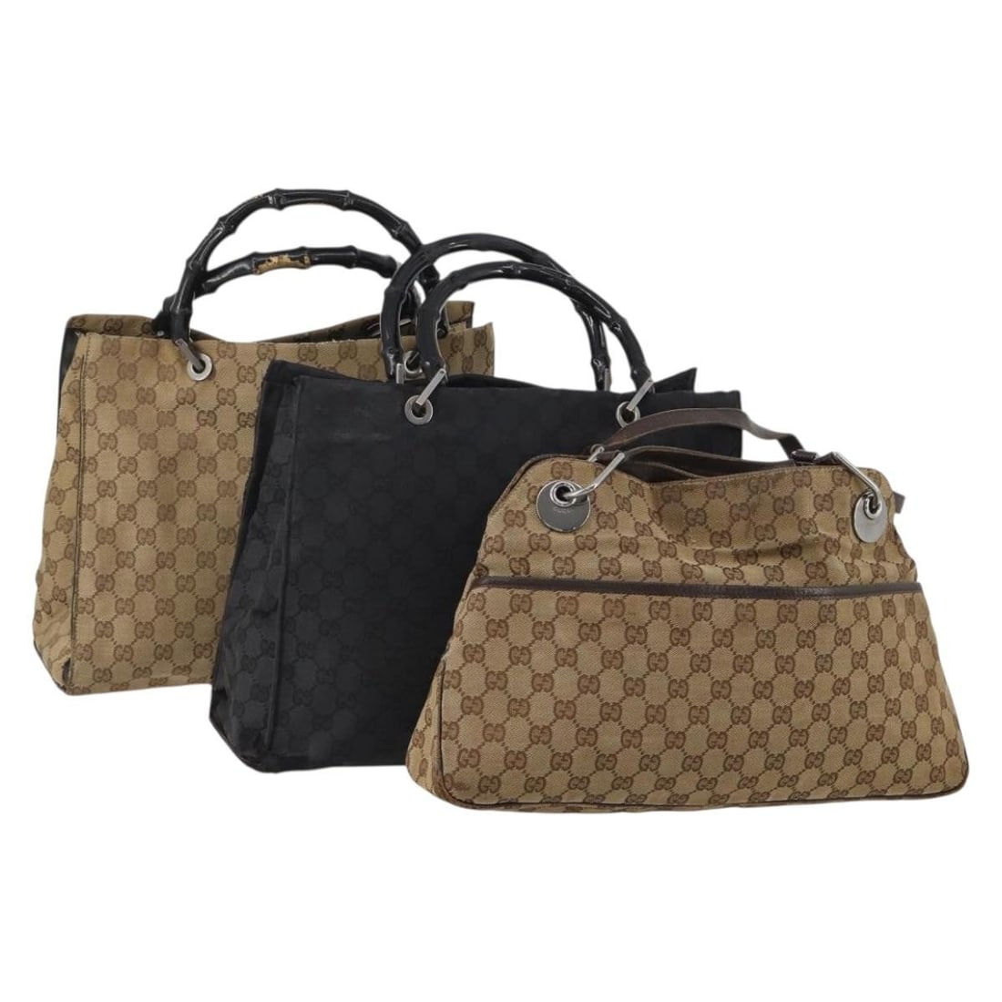 3 Piece Gucci GG Canvas Bamboo Handbag Set Black Beige: 3 Piece Gucci GG Canvas Bamboo Handbag Set Black Beige Gucci women's hand bag made in Italy from GG Canvas in black and beige. This special set sale is offered as shown in the photo, with no item box 