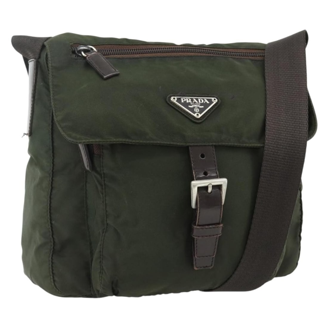 Prada Nylon Khaki Silver Shoulder Bag Women Italy: Prada Nylon Khaki Silver Shoulder Bag Women Italy This PRADA shoulder bag is crafted from durable nylon in a khaki and silver color combination. Designed for women, it features an adjustable shoulder 