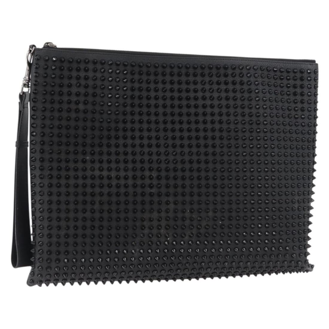 Christian Louboutin Black Silver Leather Clutch Bag: Christian Louboutin Black Silver Leather Clutch Bag This Christian Louboutin clutch bag features a striking black leather exterior adorned with silver-tone studs. Designed for women, the bag offers a 