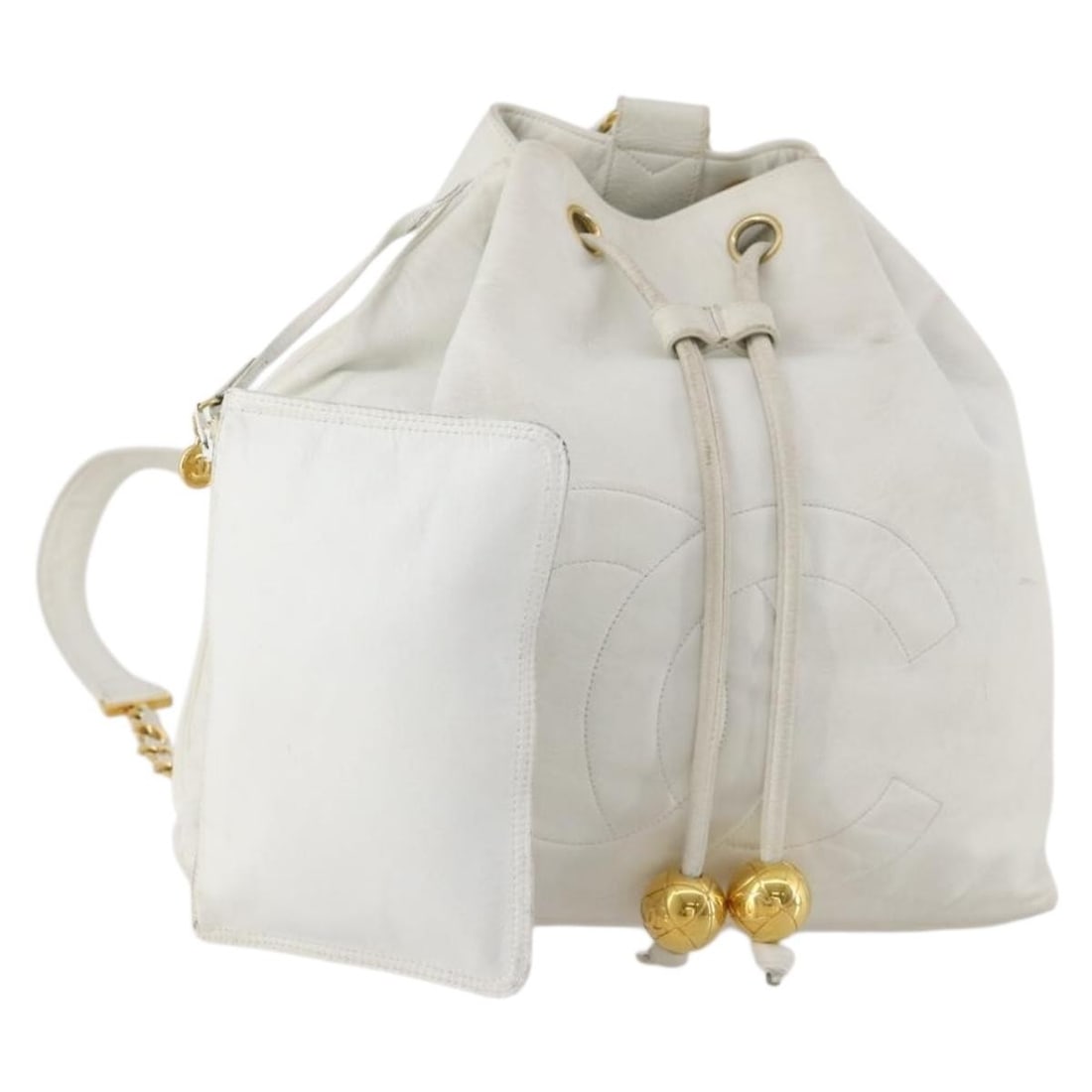 CHANEL Leather Backpack White Gold CC with Pouch: CHANEL Leather Backpack White Gold CC with Pouch CHANEL leather backpack in white and gold, made in Italy. It comes with a pouch accessory and is described as heavily used, with visible wear including